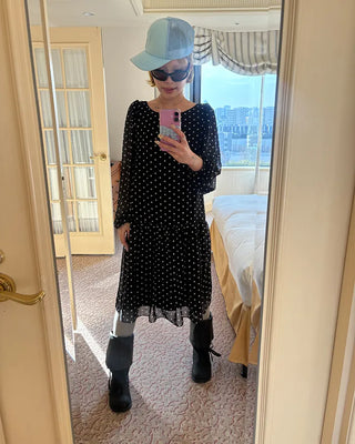 Bateau neckline polka dot yoke gathered chiffon dress