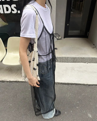 See-through ribbon camisole long dress