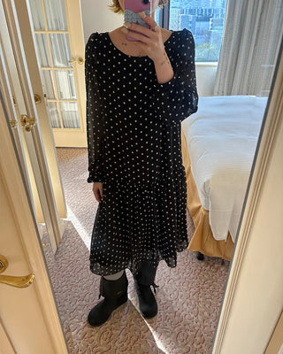 Bateau neckline polka dot yoke gathered chiffon dress