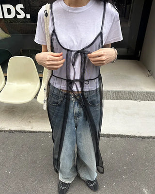 See-through ribbon camisole long dress