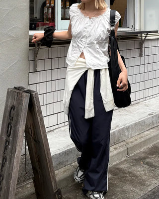 2-Way Gathered Elastic Lace Neck Button Blouse