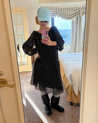 Bateau neckline polka dot yoke gathered chiffon dress