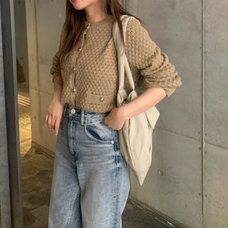 Round neck waffle cardigan