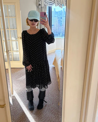 Bateau neckline polka dot yoke gathered chiffon dress
