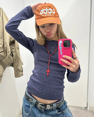 Flower Henley Neck Pointelle Long T-Shirt