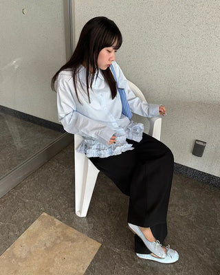 Two-pleat, center-creased wide-leg slacks