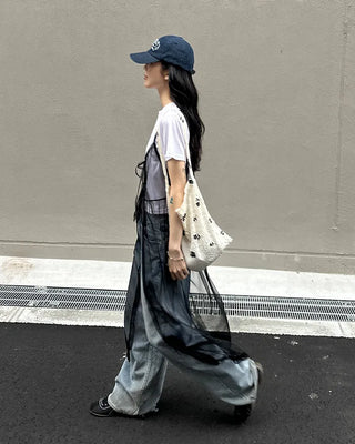 See-through ribbon camisole long dress