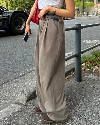 Pinstripe center-pleated wide-leg slacks