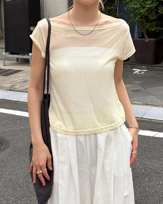 See-through off-shoulder cap t-shirt