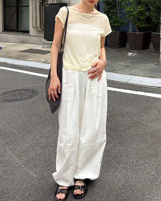 See-through off-shoulder cap t-shirt