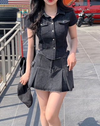 Denim cropped short-sleeved shirt (3 colors)