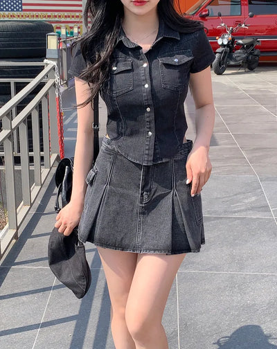 Denim cropped short-sleeved shirt (3 colors)