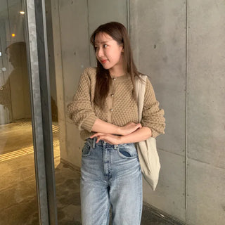 Round neck waffle cardigan