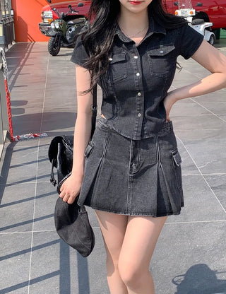 Denim cropped short-sleeved shirt (3 colors)
