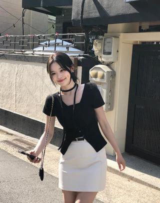 Slim Tie Short-Sleeve Cardigan Set