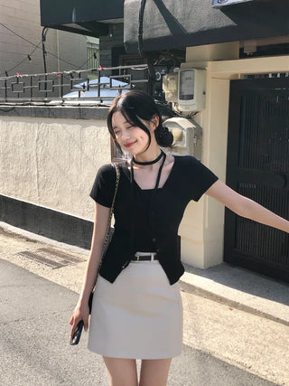 Slim Tie Short-Sleeve Cardigan Set