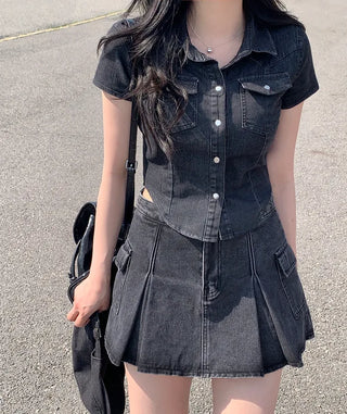 Denim cropped short-sleeved shirt (3 colors)