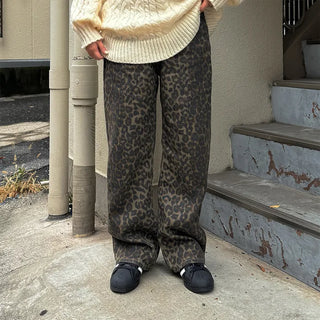 Leopard print cotton wide-leg pants