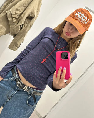 Flower Henley Neck Pointelle Long T-Shirt