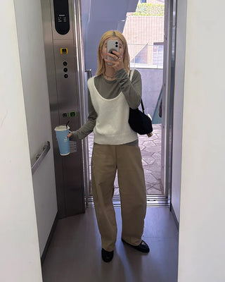 Wool sheer slit long-sleeved T-shirt