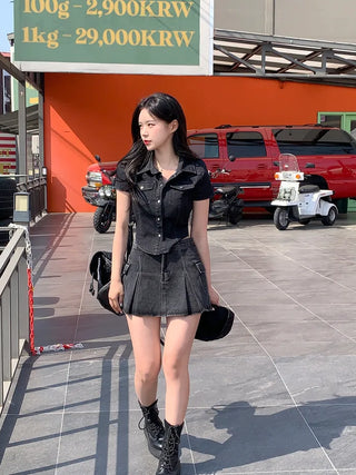 Denim cropped short-sleeved shirt (3 colors)
