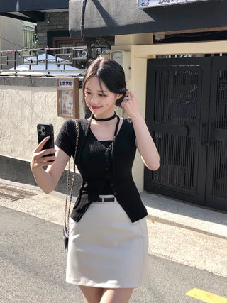 Slim Tie Short-Sleeve Cardigan Set