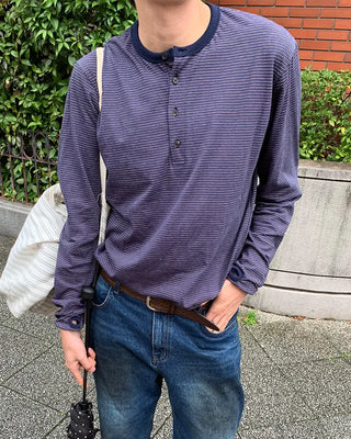 (Unisex) Striped Henley Neck Long Sleeve T-shirt