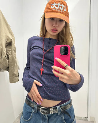 Flower Henley Neck Pointelle Long T-Shirt