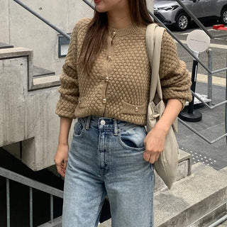 Round neck waffle cardigan