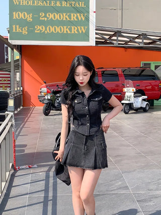 Denim cropped short-sleeved shirt (3 colors)