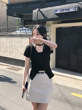 Slim Tie Short-Sleeve Cardigan Set