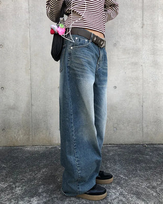 Whiskered Wash Baggy Jeans