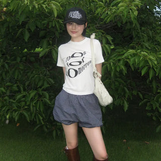 Checked pumpkin elastic waist shorts