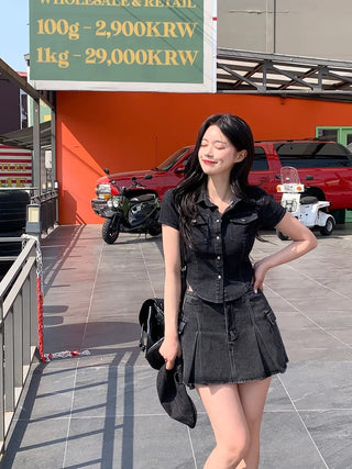 Denim cropped short-sleeved shirt (3 colors)