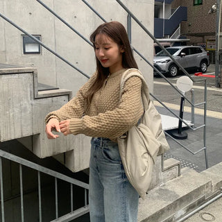 Round neck waffle cardigan