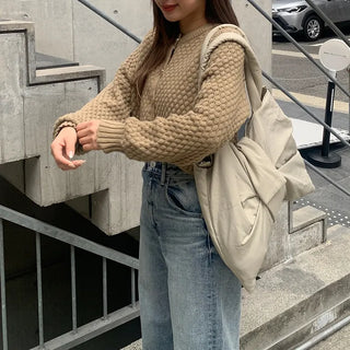 Round neck waffle cardigan