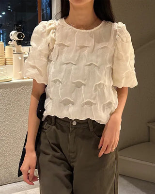 Wave puff ruffle sleeve blouse
