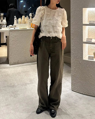 Button-down wide cotton pants