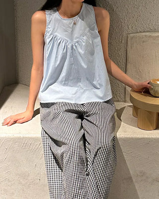 Checked frill wide elastic waist pants