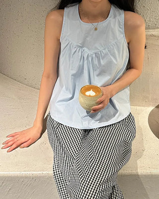 Checked frill wide elastic waist pants