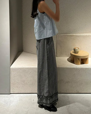 Checked frill wide elastic waist pants