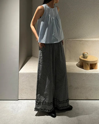 Checked frill wide elastic waist pants