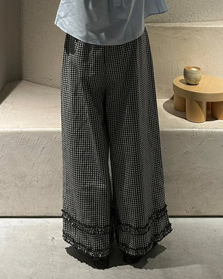 Checked frill wide elastic waist pants
