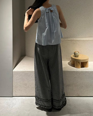 Checked frill wide elastic waist pants