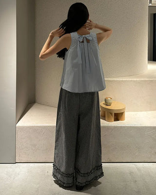 Checked frill wide elastic waist pants
