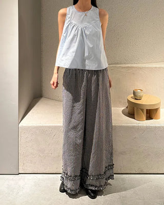 Checked frill wide elastic waist pants