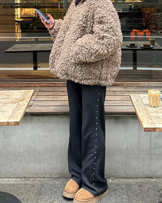 Side-studded ribbed knit easy pants