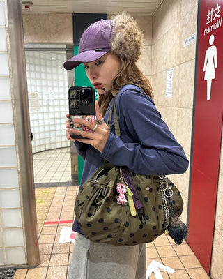 Outer pocket side gathered polka dot Boston bag