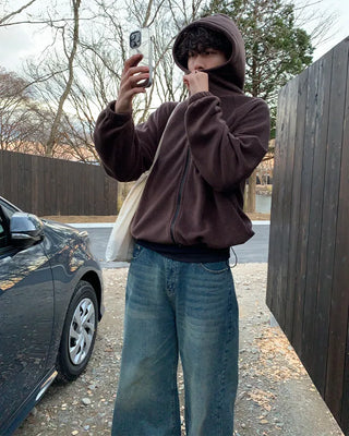 High-neck simple fleece hoodie