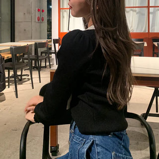 Scarf-layered ribbed knit